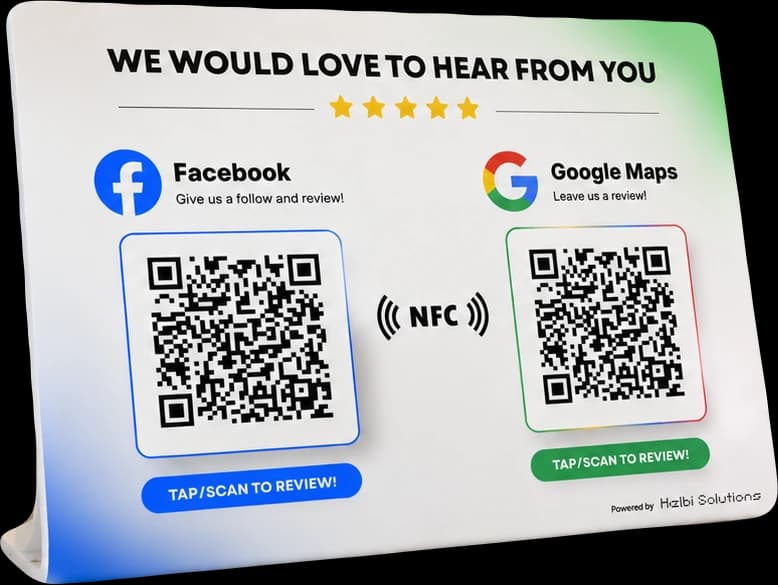 The 2-in-1 Goreview standee, with a Facebook QR code on the left and a Google Maps QR code on the right