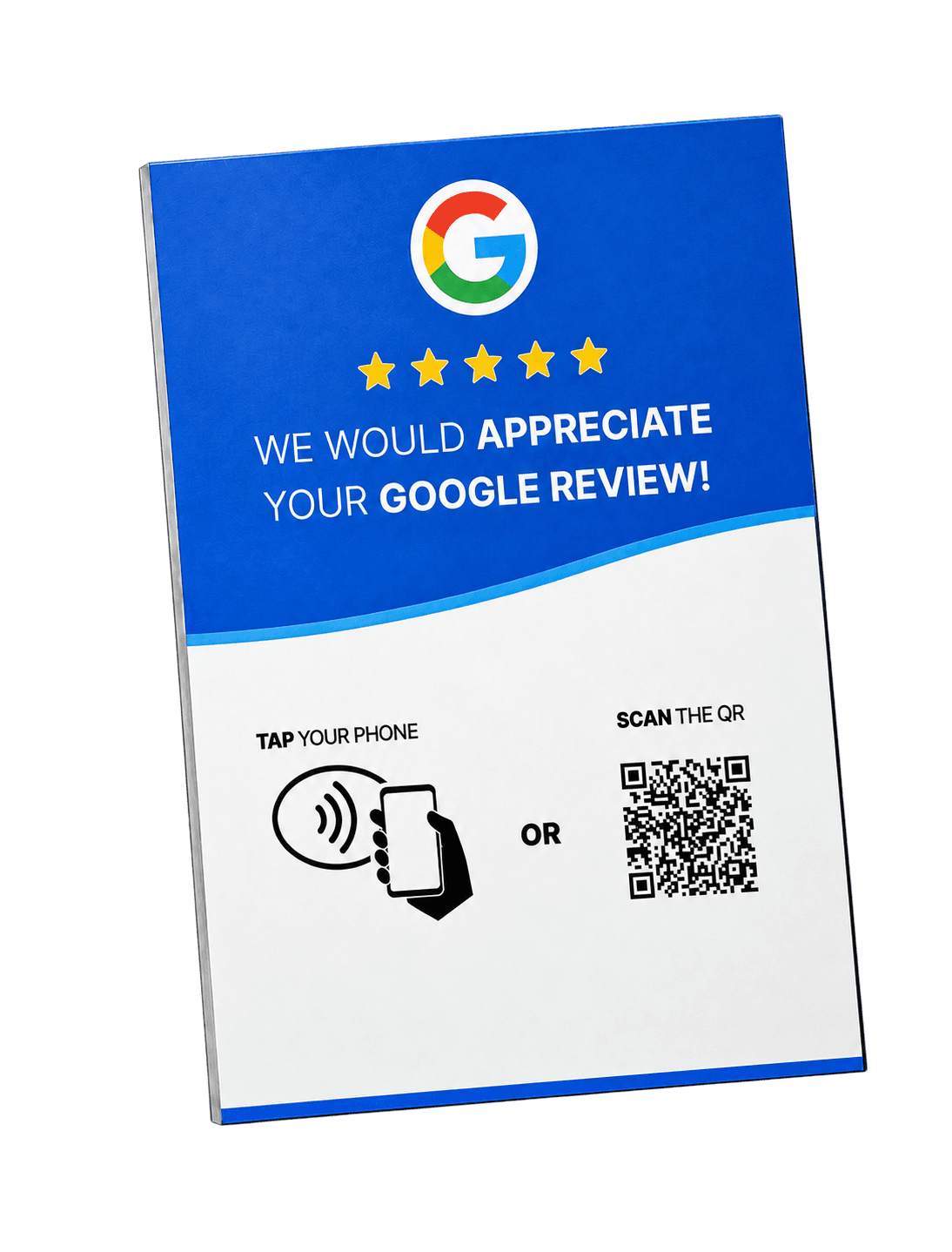 Goreview freestanding Google review standee with NFC and QR options